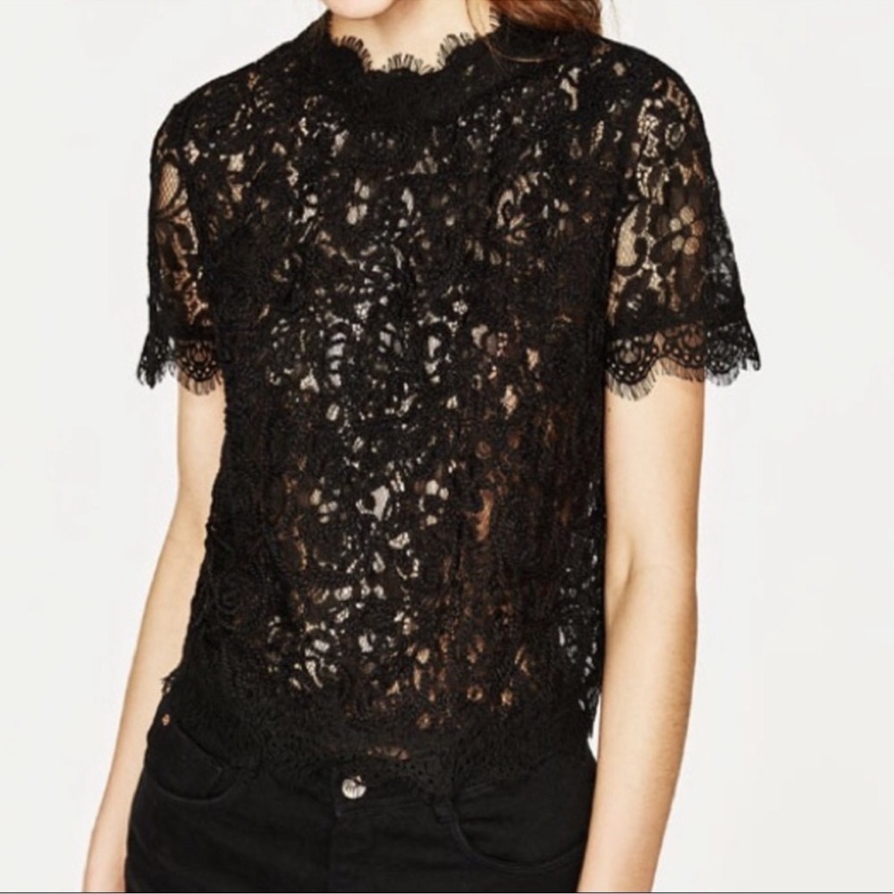 ZARA Black Short Sleeve Mock Neck Lace Top